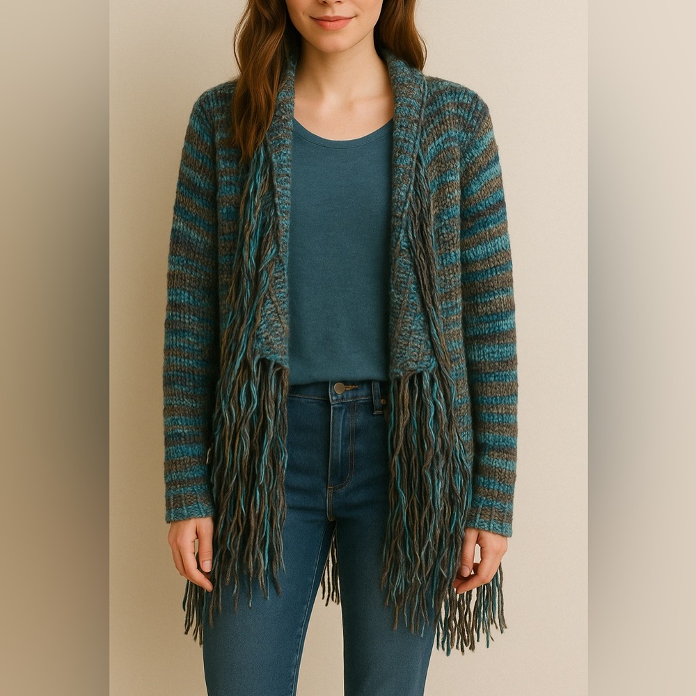 Teal fringe cardigan